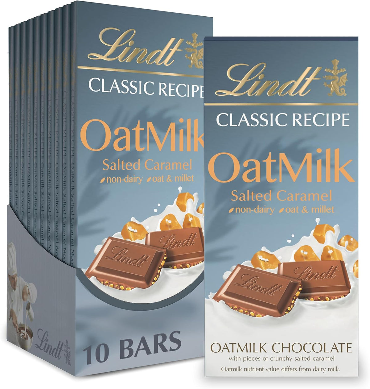 Lindt CLASSIC RECIPE Non-Dairy OatMilk Salted Caramel Chocolate Candy Bar, 3.5 oz. (10 Pack)