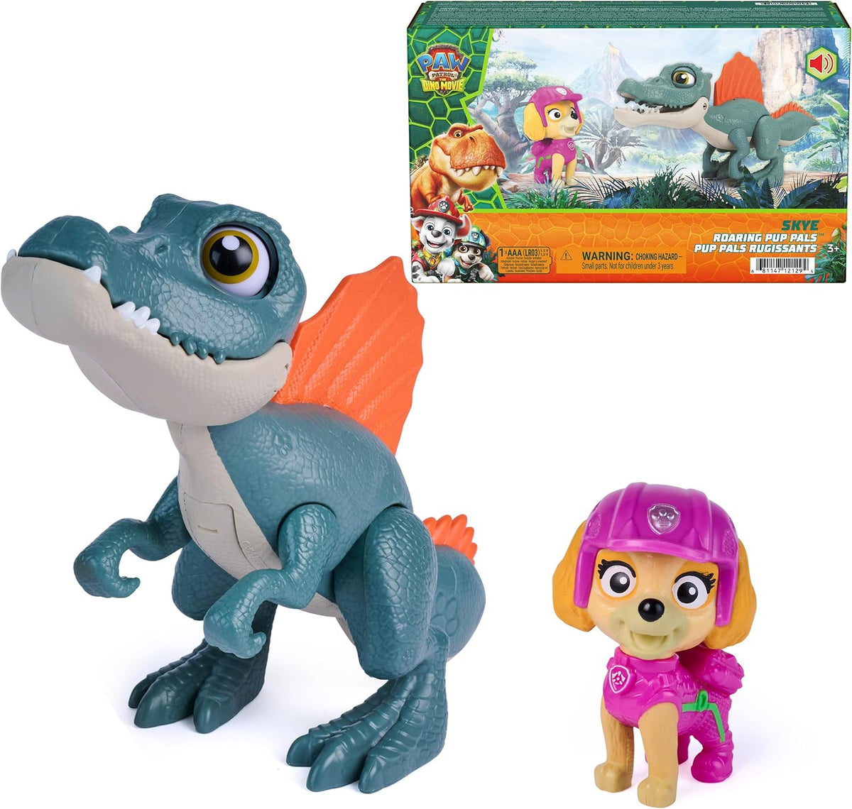 Paw Patrol: The Dino Movie, Incluye Juguete de Dinosaurio articulado de espinosaurio de 12,7 cm con Sonidos y Figura de acción de Skye, Juguetes para niños y niñas preescolares, a Partir de 3 años