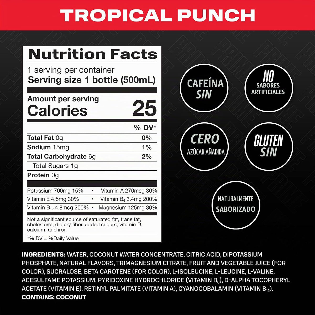 Prime Hydration Prime Hidratación con Mezcla de Bcaa para Recuperación Muscular Tropical Punch (12 Bebidas, 16 Onzas Líquidas. Cada Uno), Prime HYDRATION, DRINK_FLAVORED, Tropical., Prime