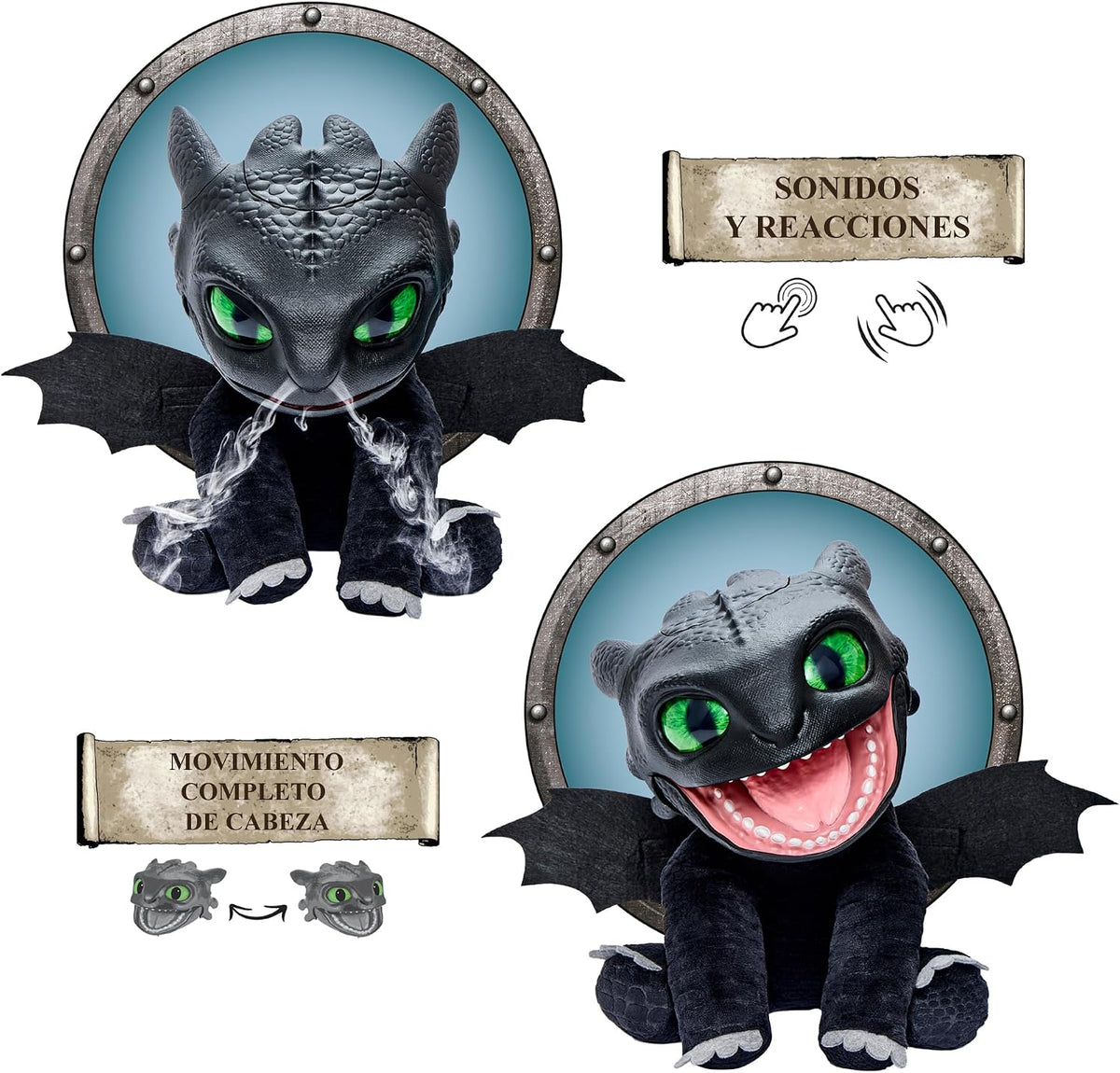Famosa Chimuelo Puppetronic Real FX Cómo Entrenar a tu dragón, marioneta electrónica de 30 cm, +50 reacciones y Sonidos, Efectos de Humo y Fuego (RE00000)