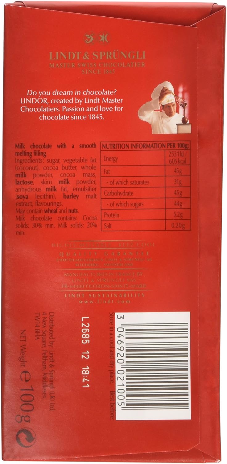 Lindt Lindor Milk Chocolate Bar - 100 G - the Perfect Treat - Chocolate with a Smooth Melting Filling