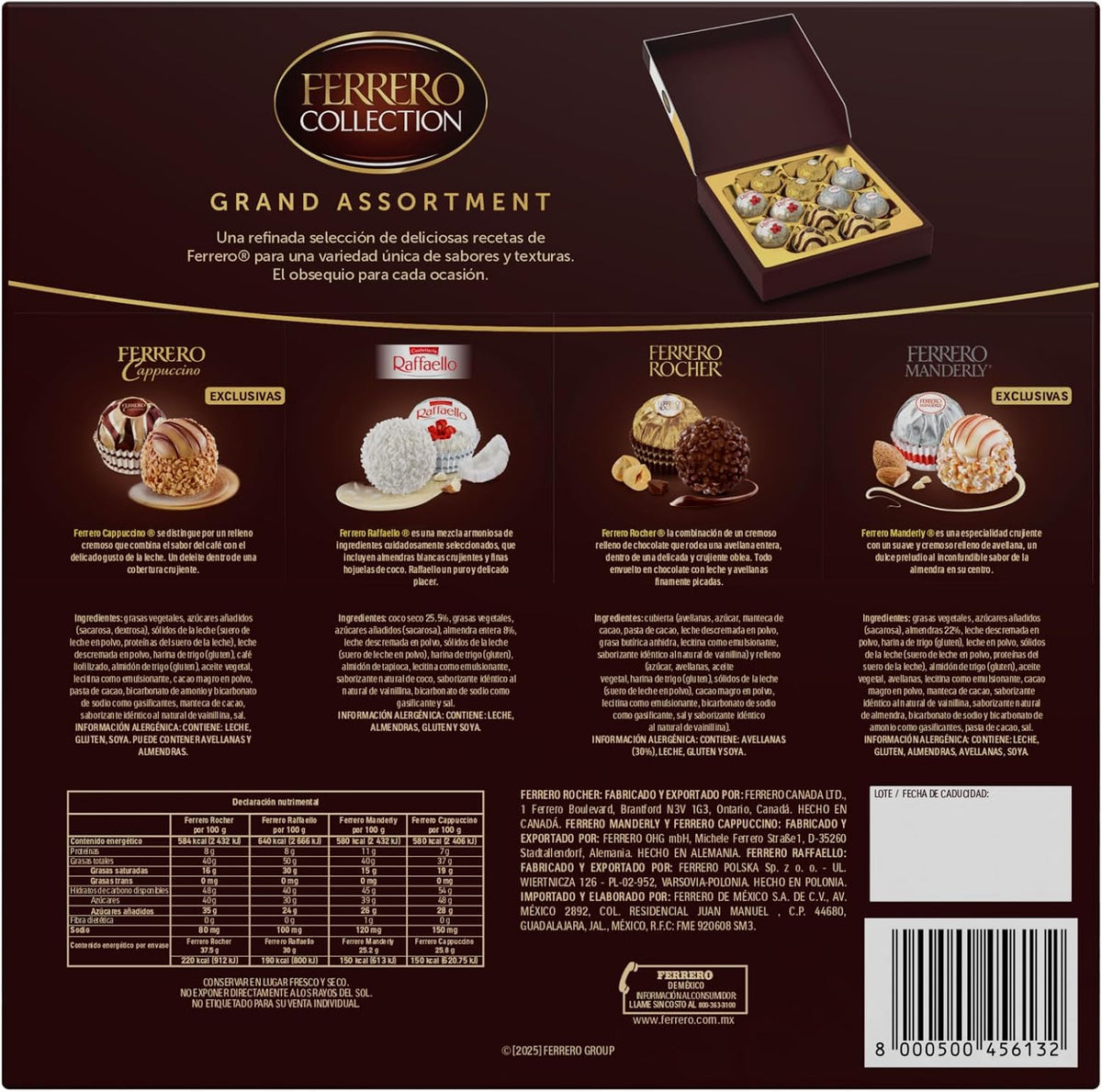 Ferrero Rocher Grand Assortment 118 g | Surtido de 12 Pralinas Premium con Rocher, Raffaello, Manderly y Cappuccino | Regalo Elegante Navidad