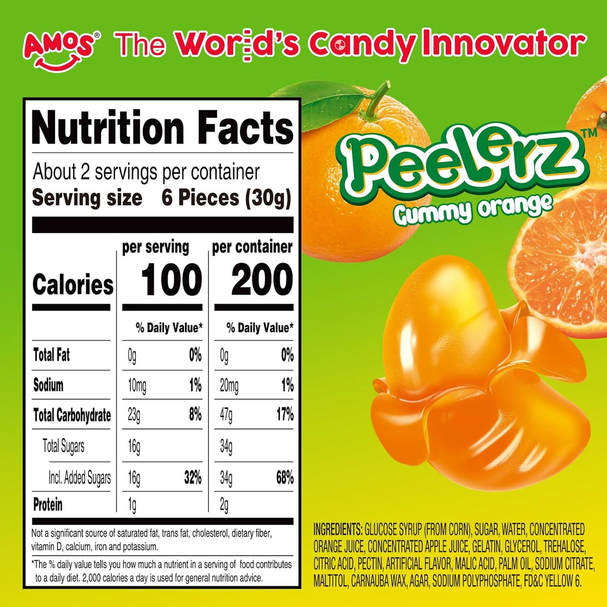 Amos Caramelos de Naranja Gomosos Pelables 4D, Gomitas de Peelerz, Bocadillos de Frutas, Bolsa Resellable D