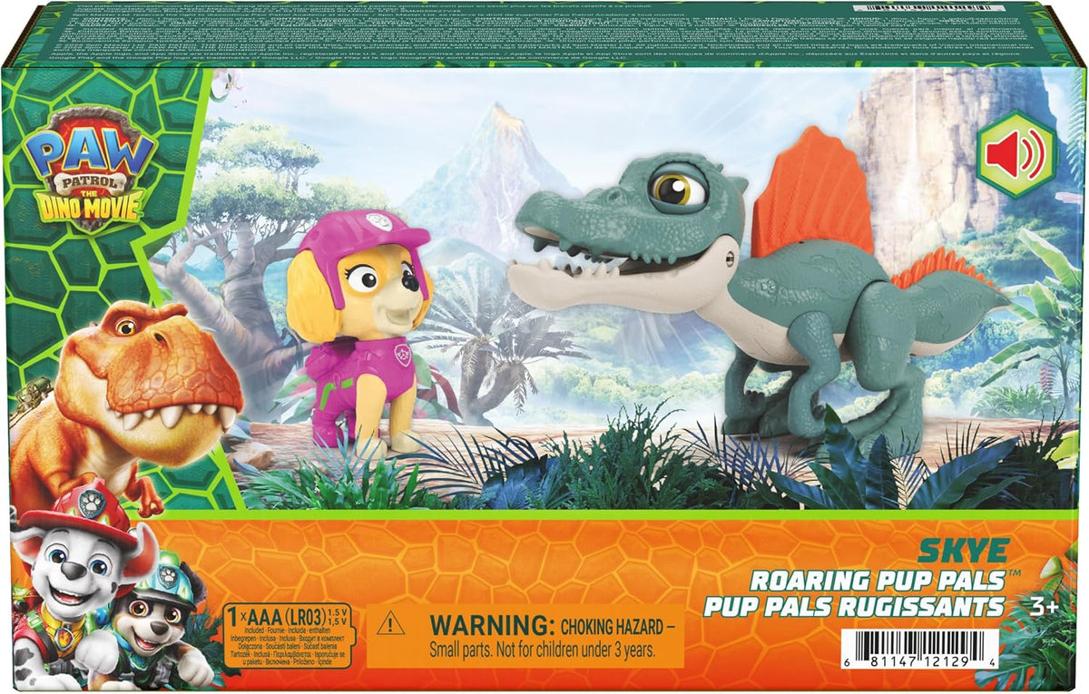 Paw Patrol: The Dino Movie, Incluye Juguete de Dinosaurio articulado de espinosaurio de 12,7 cm con Sonidos y Figura de acción de Skye, Juguetes para niños y niñas preescolares, a Partir de 3 años
