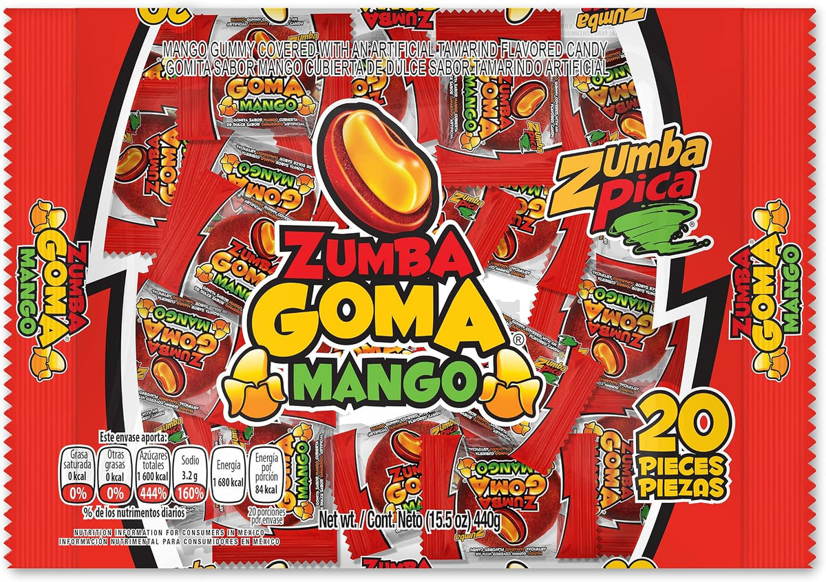 Zumba Goma Mango Goma Cubierta de Dulce Artificial de Tamarindo, Sabor de caramelo Gomita Sabor Mango Cubierta de Dulce Artificial de Tamarindo, 1 bolsa de 1 lb