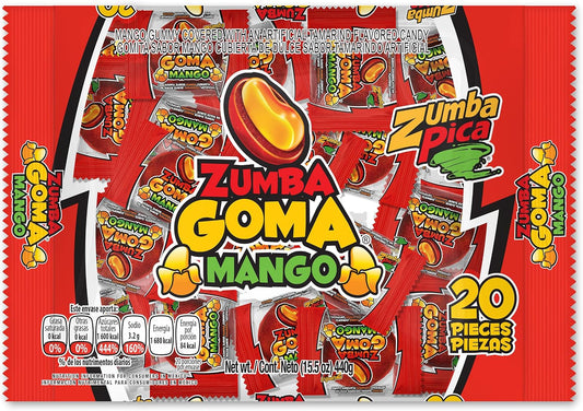 Zumba Goma Mango Goma Cubierta de Dulce Artificial de Tamarindo, Sabor de caramelo Gomita Sabor Mango Cubierta de Dulce Artificial de Tamarindo, 1 bolsa de 1 lb