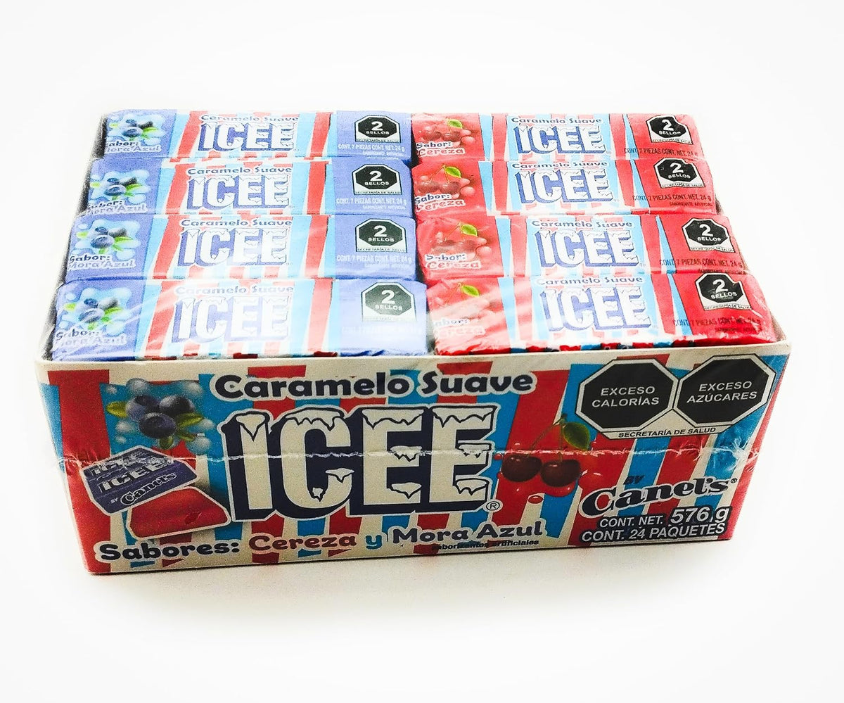Caramelo suave ICEE sabores Cereza & Mora Azul. Caja con 24 paquetes de 7 piezas (24 gr. c/u)