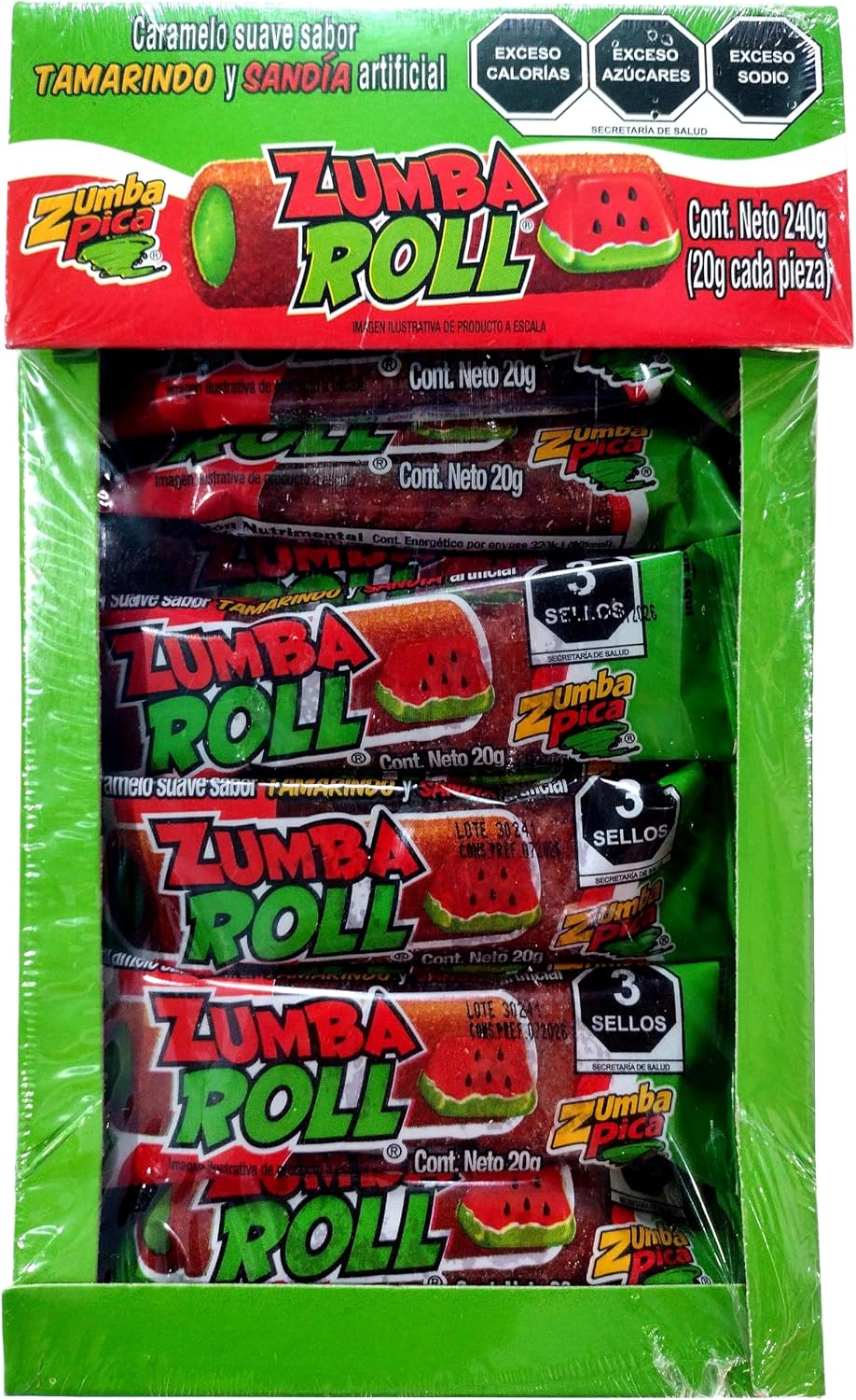 Zumba Pica Zumba Roll Sandía - Caramelo suave sabor tamarindo y sandía artificial - 12 piezas - 240 g
