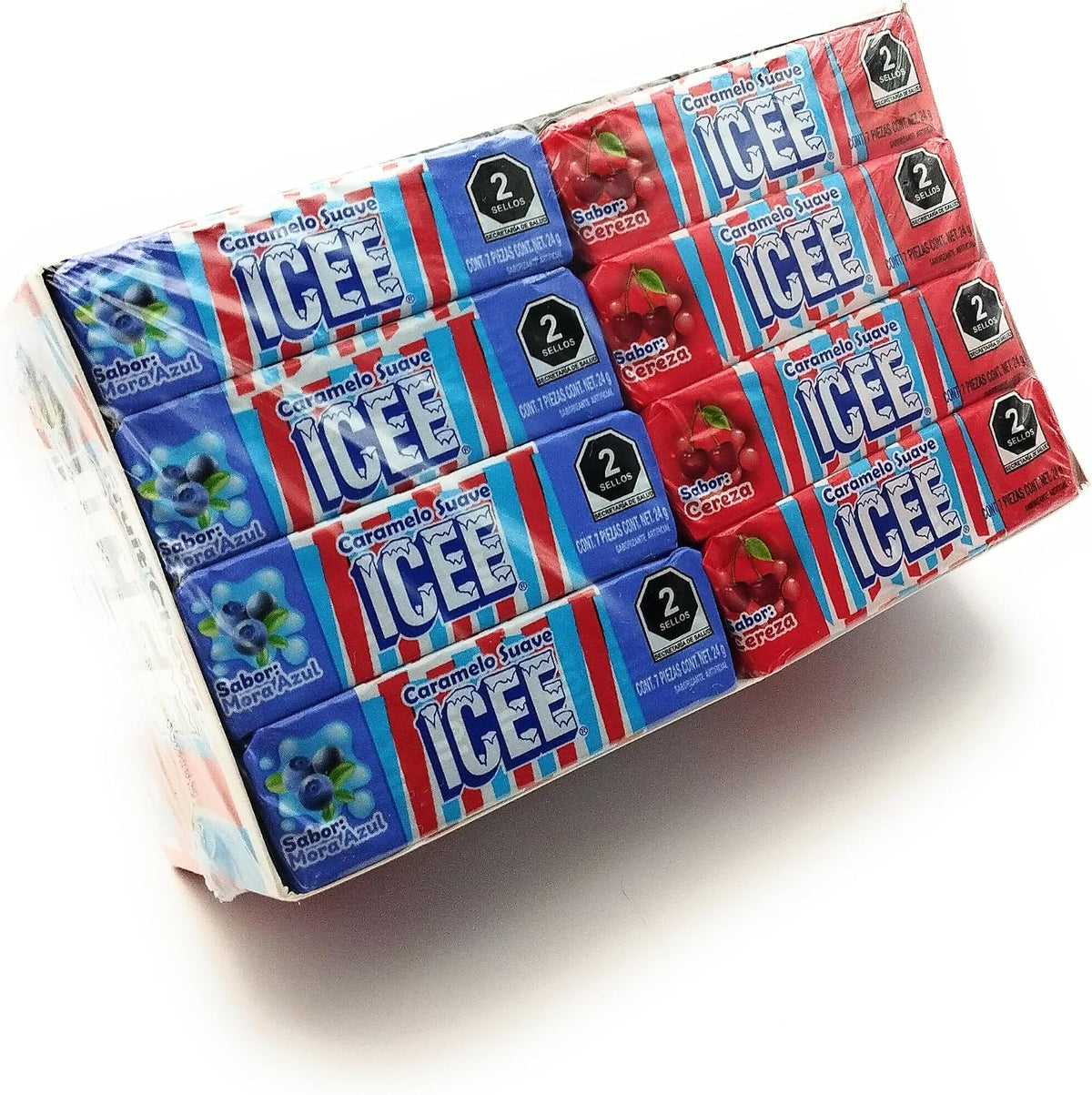 Caramelo suave ICEE sabores Cereza & Mora Azul. Caja con 24 paquetes de 7 piezas (24 gr. c/u)