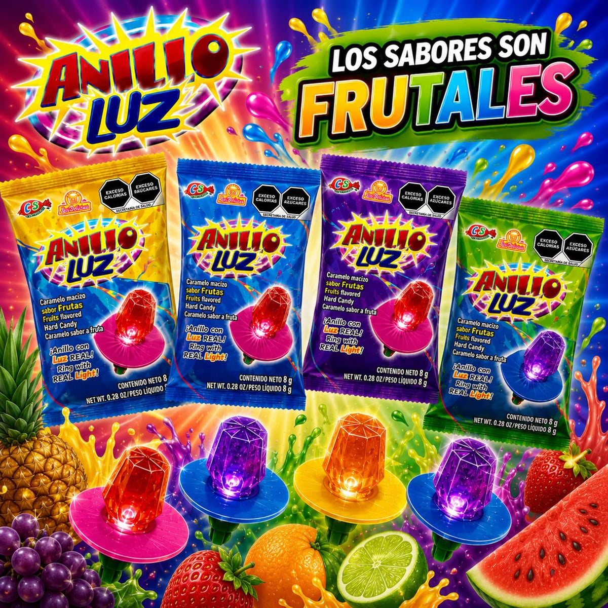 Anillo Luz 24 piezas, Caramelo Sabores Surtidos, Las Delicias.