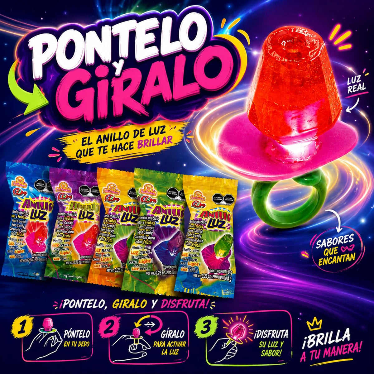Anillo Luz 24 piezas, Caramelo Sabores Surtidos, Las Delicias.