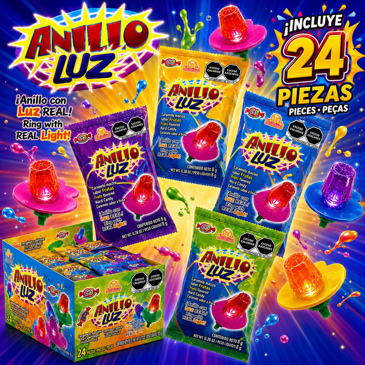 Anillo Luz 24 piezas, Caramelo Sabores Surtidos, Las Delicias.