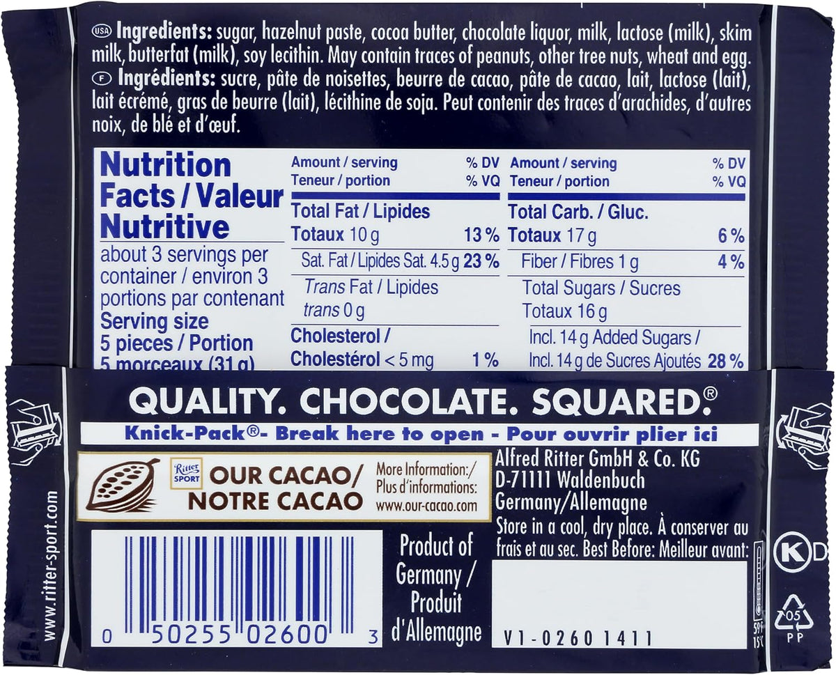 RITTER SPORT - Barra de chocolate MLK NOUGAT-PRALINE