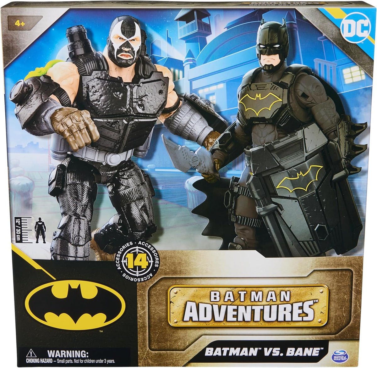 DC Comics, Pack de Batalla de Batman Adventures, Conjunto de Figuras de acción de Bane y Batman, 14 Accesorios de Armadura, Juguete de superhéroe de 30 cm para niños y niñas