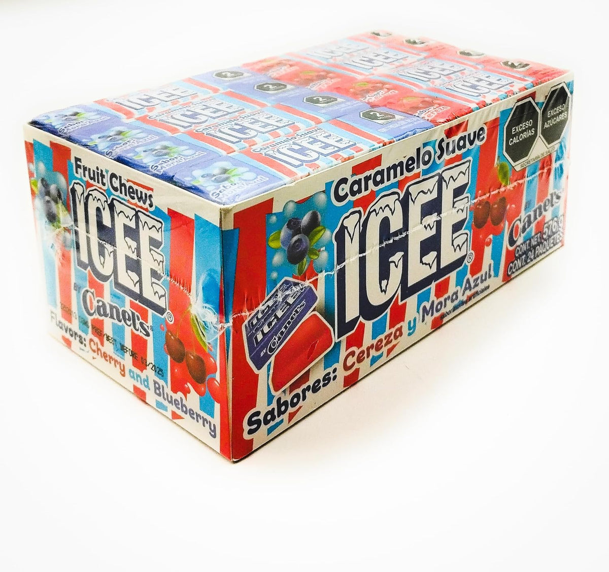 Caramelo suave ICEE sabores Cereza & Mora Azul. Caja con 24 paquetes de 7 piezas (24 gr. c/u)