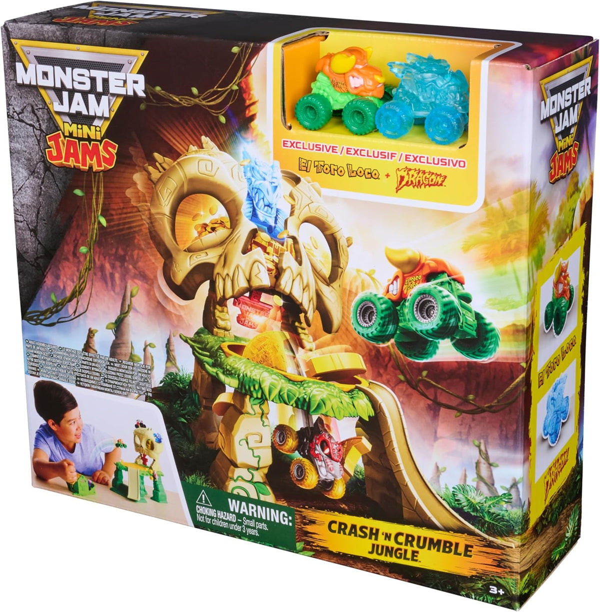 Monster Jam Mini Jams Skull Escape Crash & Crumble Playset con 2 camionetas Monster Truck Die-Cast exclusivas El Toro Loco y Dragon, Juguetes para niños y niñas de 3 años en adelante