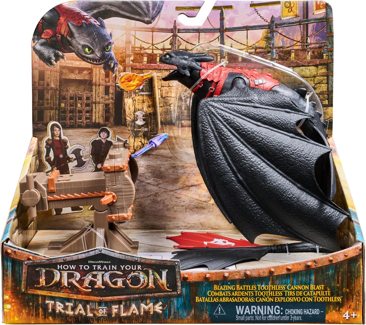 DreamWorks Dragons, Prueba de Fuego, Blazing Battles Toothless Cannon Blast Playset, Playset de Figura de dragón con 3 Figuras de Vikingo de cartón para Mayores de 4 años