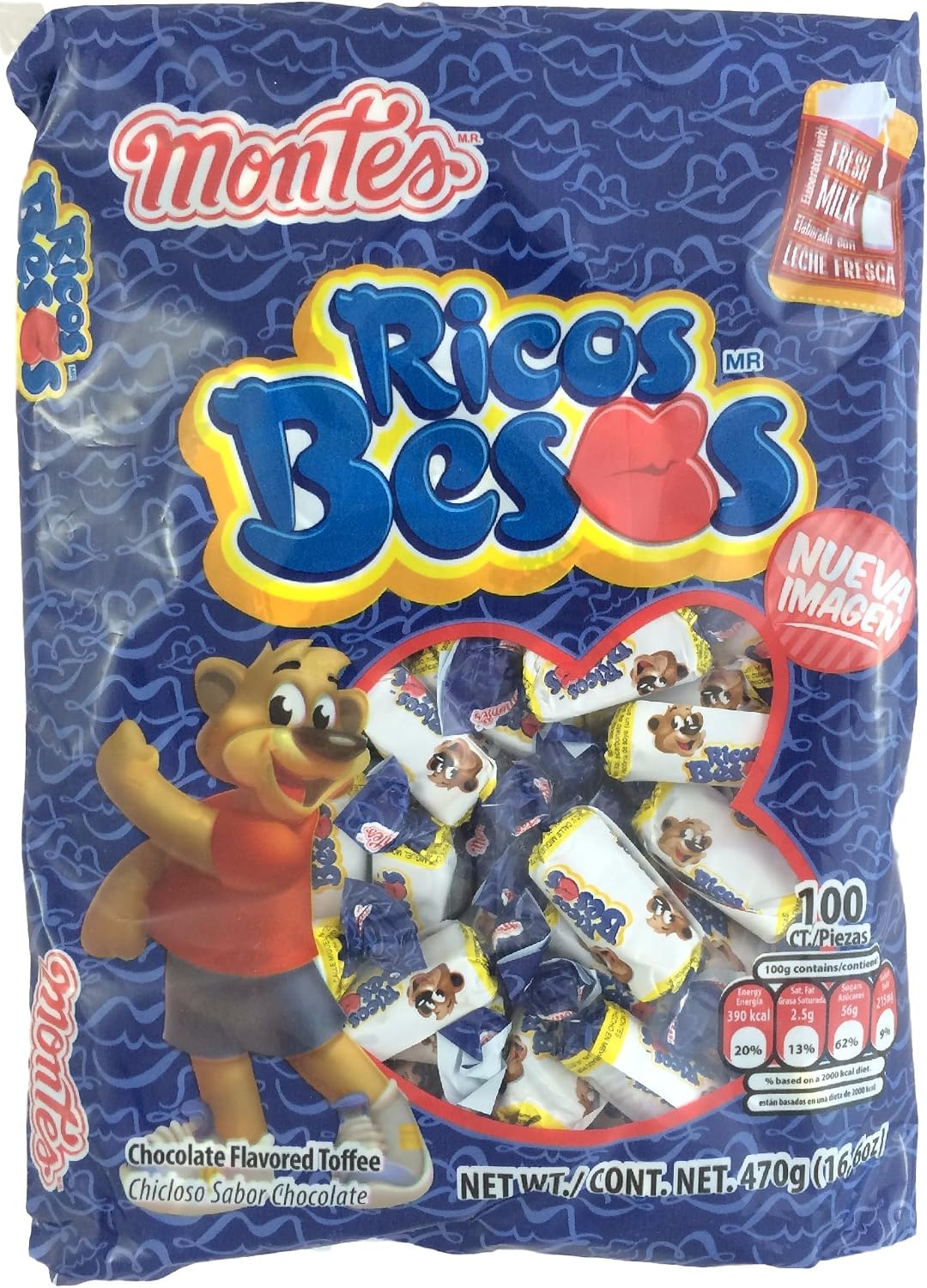 Montes Ricos Besos Chocolate Flavored Tofee Candy 100pcs (Peso Neto 16.6oz)