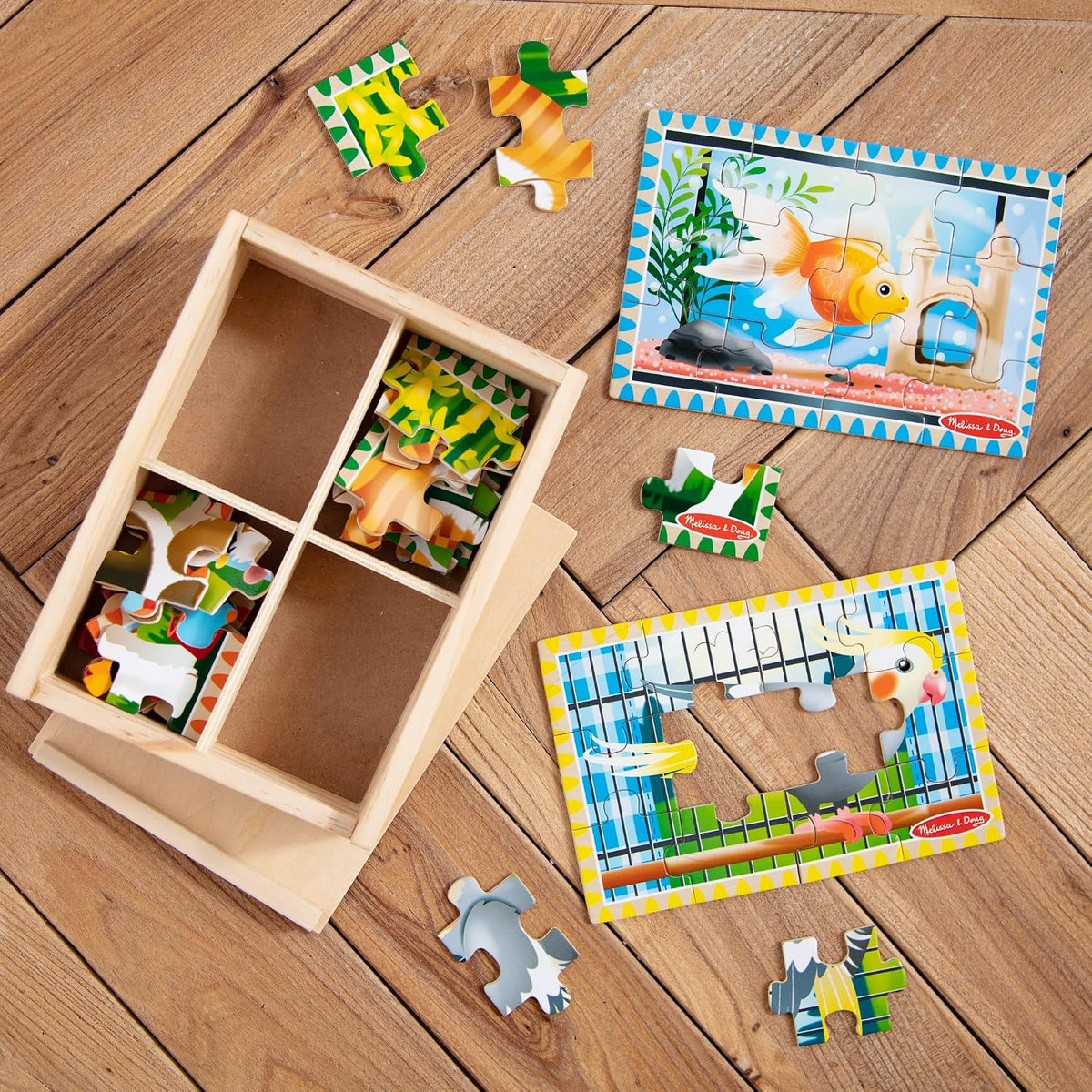 Melissa & Doug Rompecabezas de Mascotas en una Caja, Cuatro Rompecabezas, Juguete de Madera, Resistente Caja de Madera para Almacenamiento (48 Piezas) - FSC-Certified