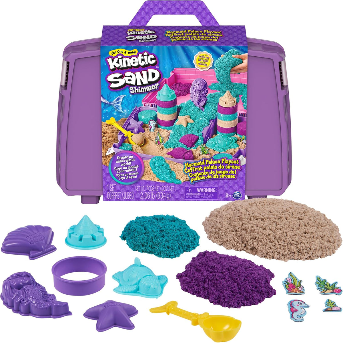 Kinetic Sand, Set Palacio de la Sirena, 934 g de Arena Que Brilla (Morado, Turquesa y Arena de Playa), arenero Plegable Reutilizable y Herramientas, Juguetes sensoriales para niños a Partir de 3 años