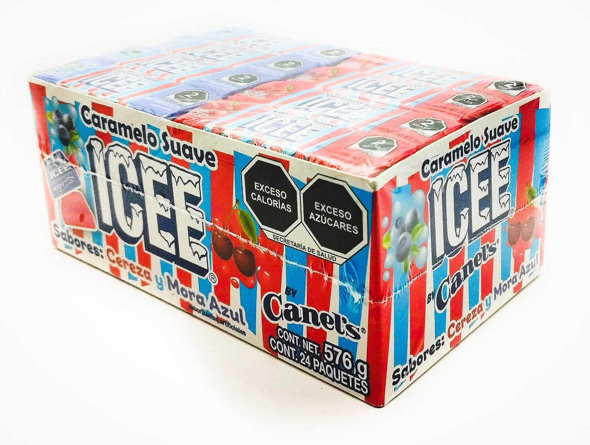 Caramelo suave ICEE sabores Cereza & Mora Azul. Caja con 24 paquetes de 7 piezas (24 gr. c/u)