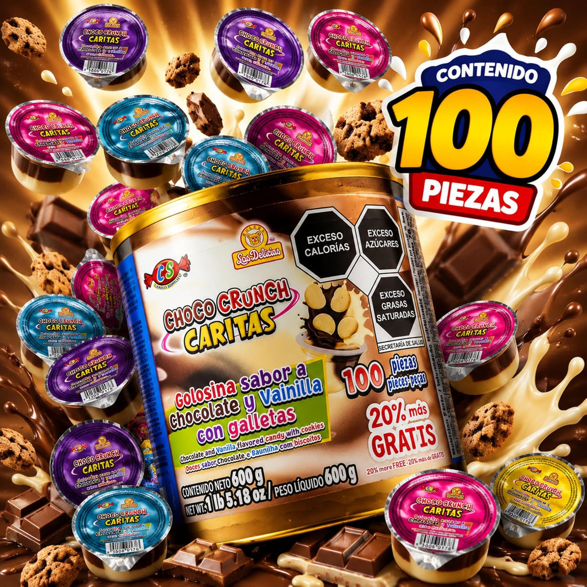 Las Delicias Choco Crunch Caritas, Golosina Sabor a Chocolate, 100 Piezas