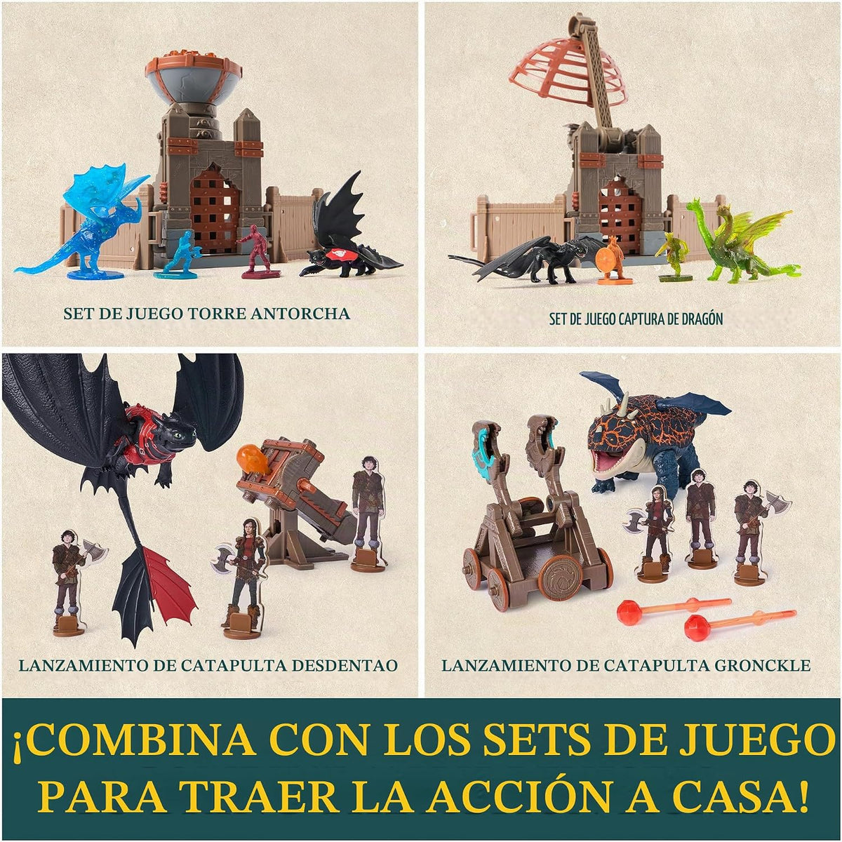 DreamWorks Dragons, Prueba de Fuego, Blazing Battles Toothless Cannon Blast Playset, Playset de Figura de dragón con 3 Figuras de Vikingo de cartón para Mayores de 4 años