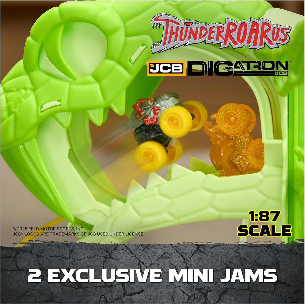 Monster Jam Mini Jams, Cobra's Crazy Escape, Set de Juego motorizado de 71,1 cm, 2 Camiones Monstruo metálicos ThunderROARus y JCB Digatron, Juguetes para niños y niñas a Partir de 3 años