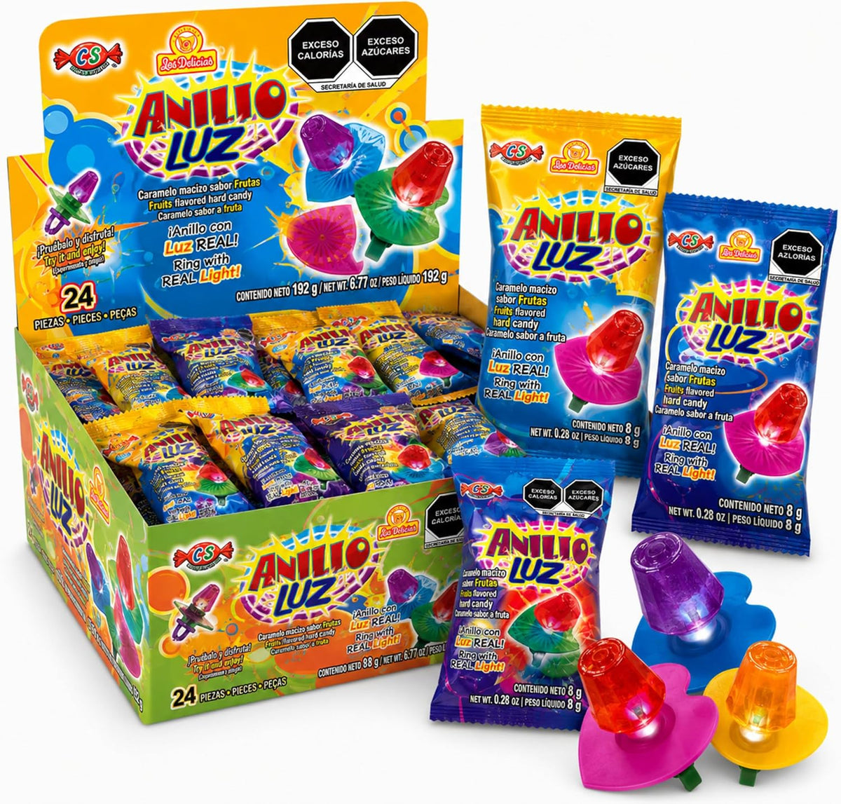 Anillo Luz 24 piezas, Caramelo Sabores Surtidos, Las Delicias.