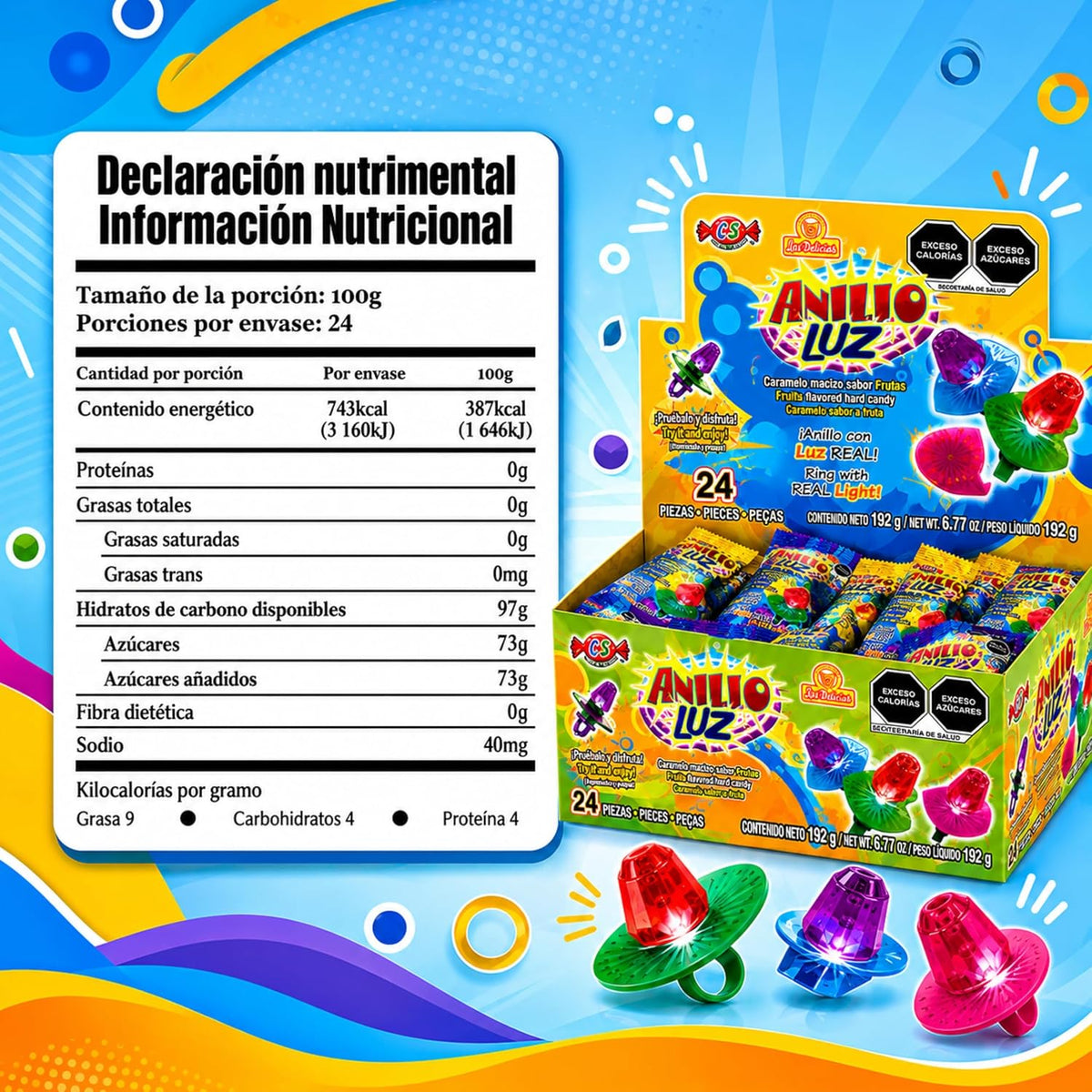 Anillo Luz 24 piezas, Caramelo Sabores Surtidos, Las Delicias.