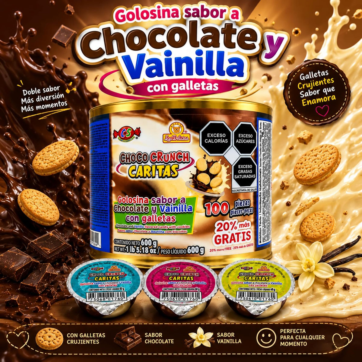 Las Delicias Choco Crunch Caritas, Golosina Sabor a Chocolate, 100 Piezas