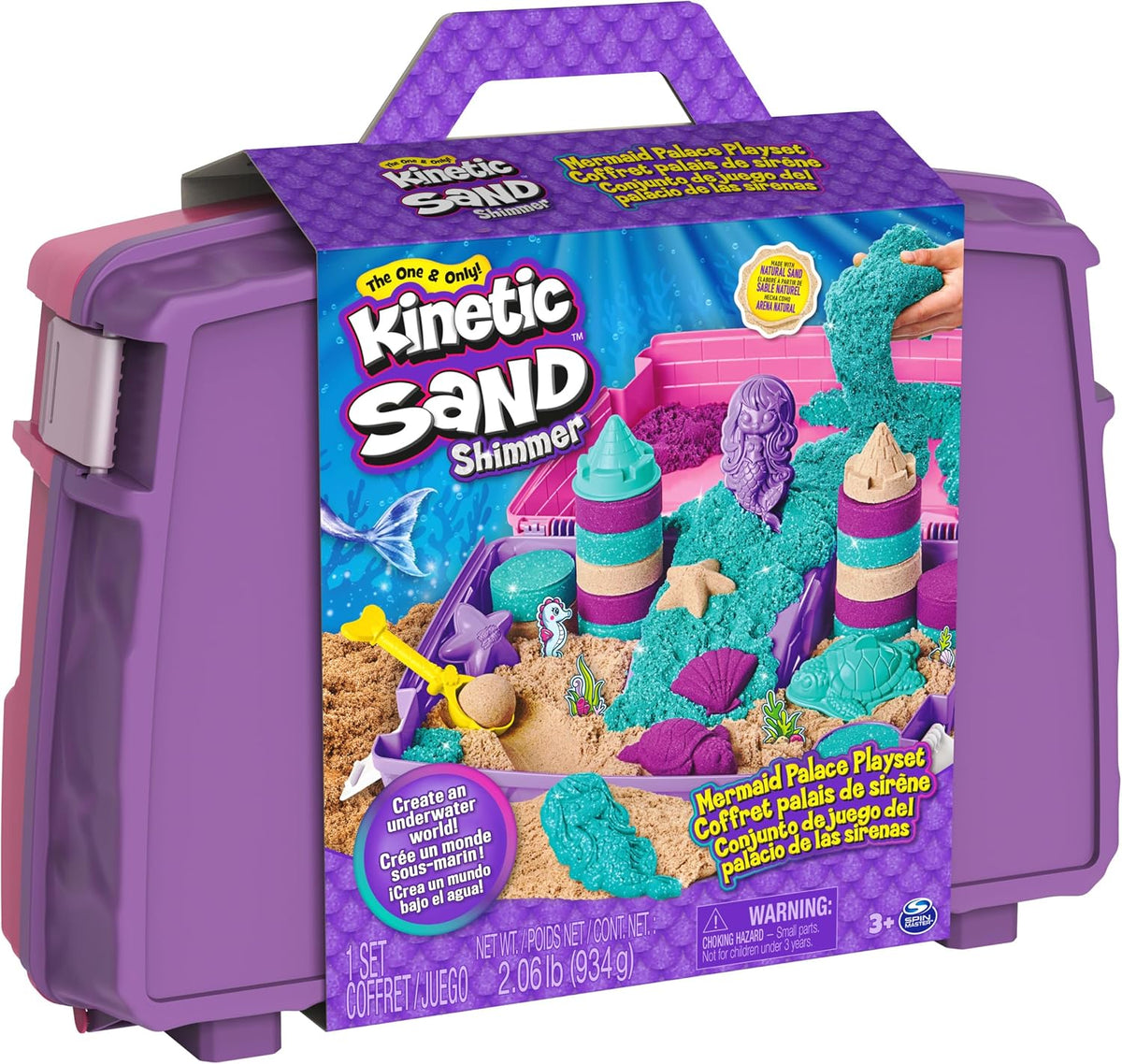 Kinetic Sand, Set Palacio de la Sirena, 934 g de Arena Que Brilla (Morado, Turquesa y Arena de Playa), arenero Plegable Reutilizable y Herramientas, Juguetes sensoriales para niños a Partir de 3 años